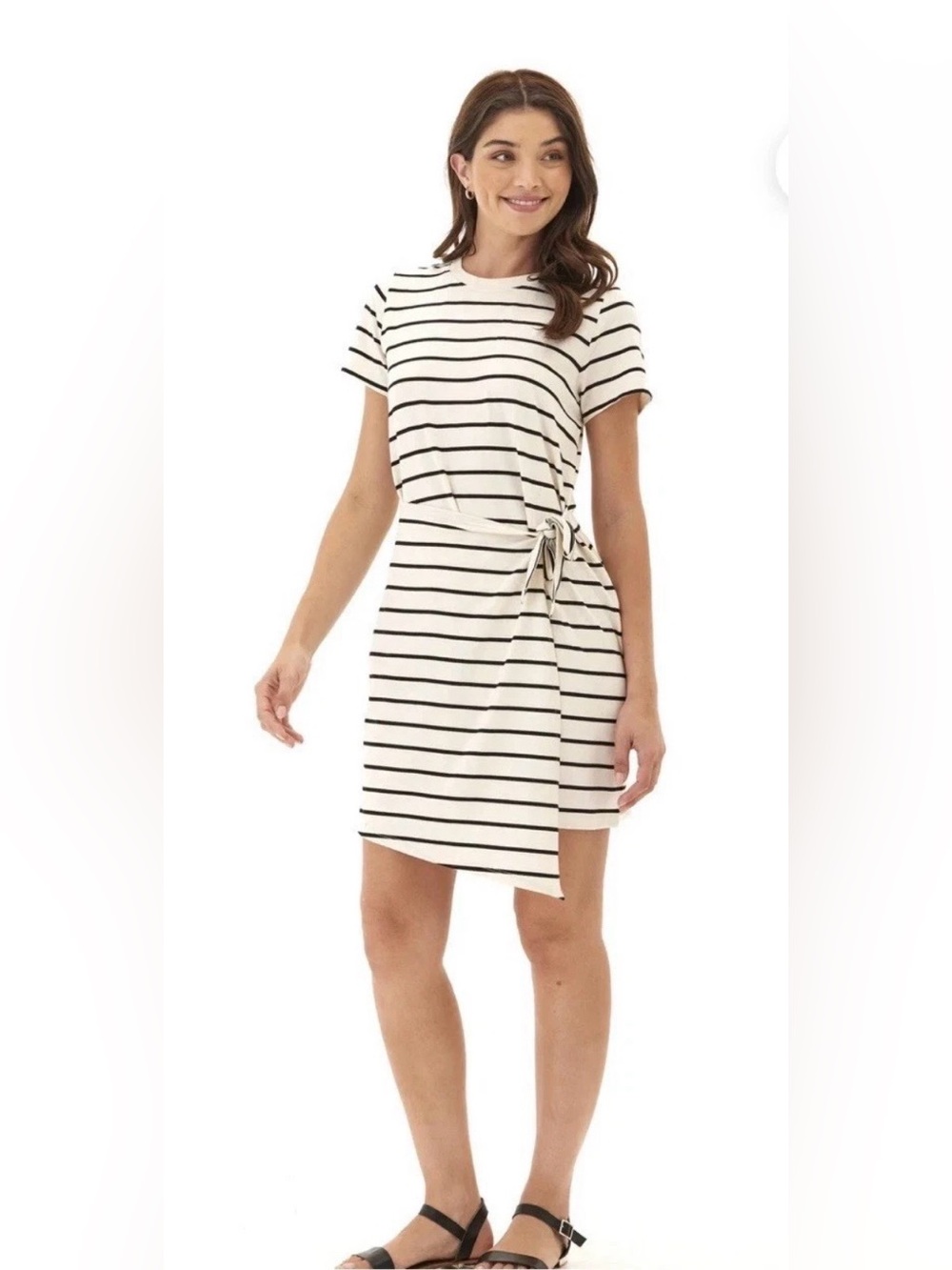 Threads 4 Thought Cream and Black Striped Tie-Waist Tee Mini Dress